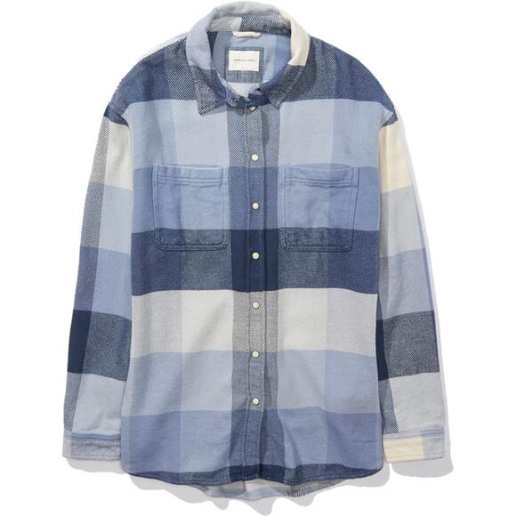 American Eagle Oversized Blue Plaid Flannel Shacket Shirt Snap Front Women Small - Picture 9 of 10